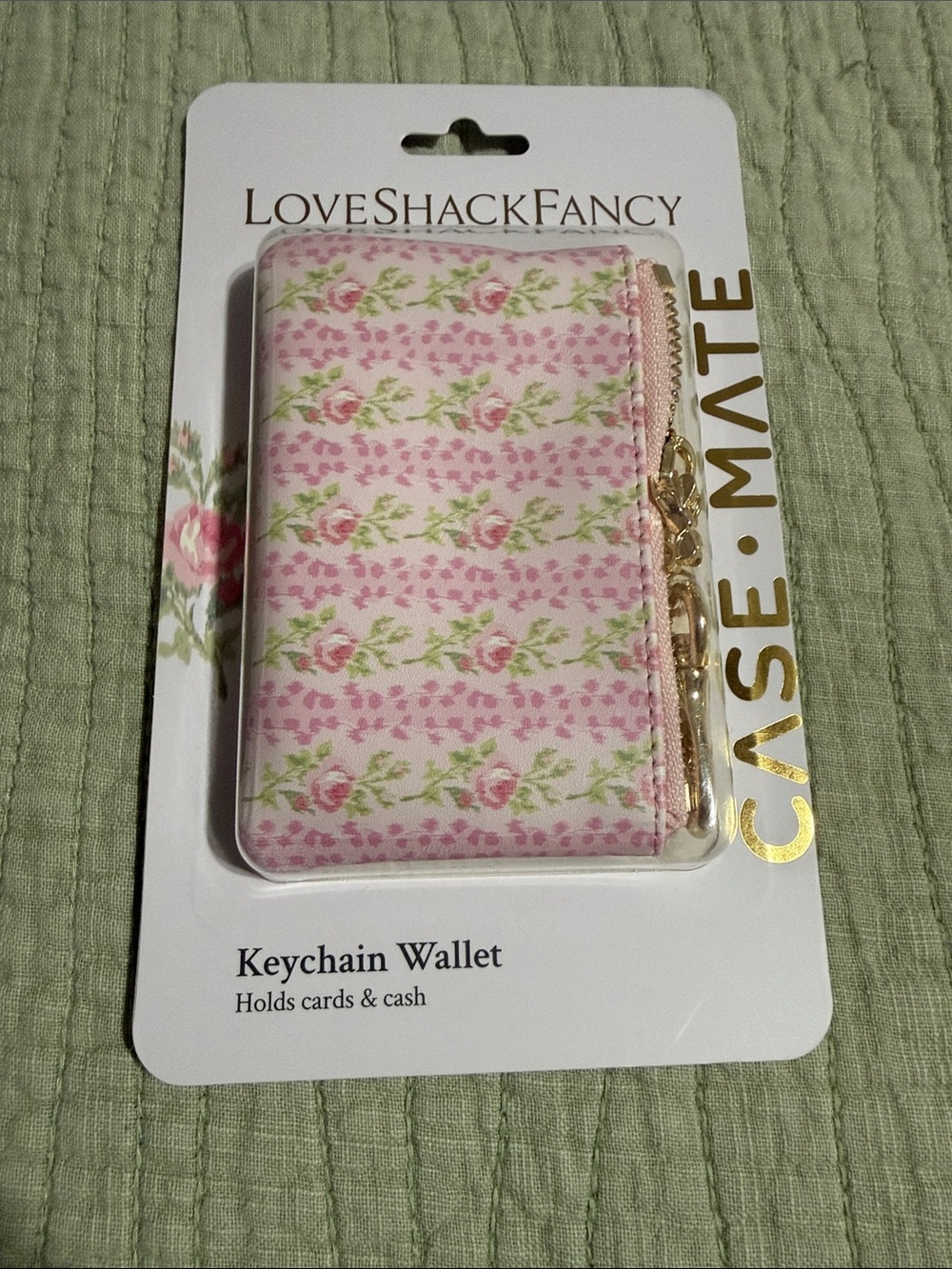 LoveShackFancy Pink Floral Zip Keychain Wallet with Gold Hardware